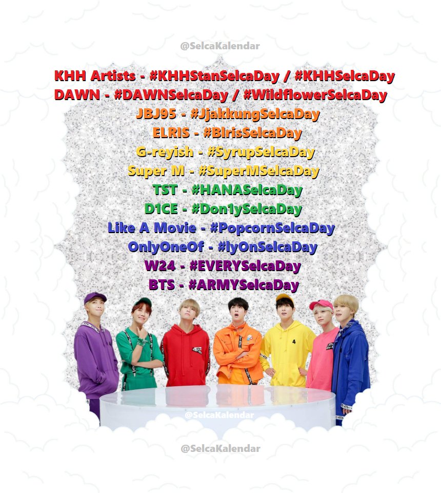 SelcaKalendar's tweet photo. June Selca Day Thread:
Selca list of artists starting now 12am KST join in if you'd like!
#KHHStanSelcaDay #DAWNSelcaDay #JjakkungSelcaDay #BlrisSelcaDay #SyrupSelcaDay #SuperMSelcaDay #Don1ySelcaDay #lyOnSelcaDay #PopcornSelcaDay #HANASelcaDay #EVERYSelcaDay #ARMYSelcaDay #KPOP https://t.co/YsZ0KzH4EK
