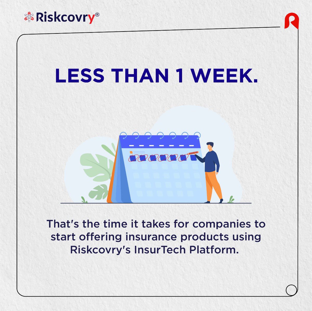 riskcovry's tweet photo. That's the time it takes for companies to start offering insurance products to their end customers using Riskcovry's InsurTech platform.
Contact us here - https://t.co/Ws2gDw5MiX
#insurance #insurtech #InsurtechPlatform #InsuranceInfrastructure #InsuranceInAbox https://t.co/2GfBrtQDPH