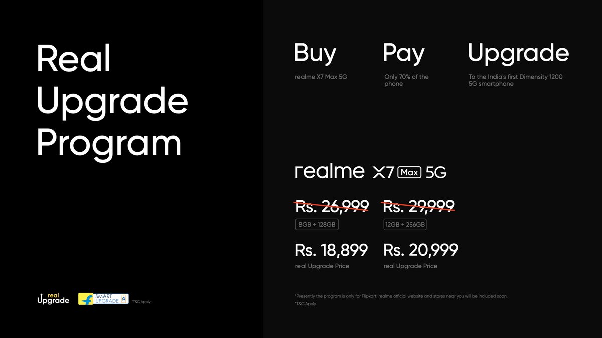 realmeIndia's tweet photo. With the #realUpgrade Program, the #realmeX7Max5G:

👉8GB+128GB will be priced at ₹18,899
👉12GB+256GB will be priced at ₹20,999

#FutureAtFullSpeed https://t.co/Rez6Mo65Q0