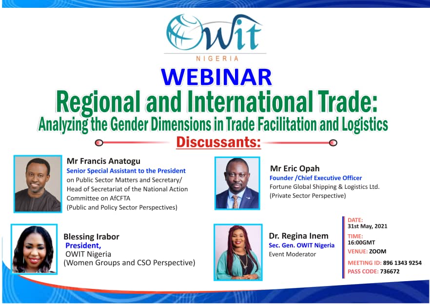 Join us #Today at #4pm Nigerian time as we look into how #gender dimensions can be integrated into #TradeFacilitation and #Logistics initiatives in Nigeria.  
<a href="/OWITintl/">OWIT International</a>
@TradeInvestNG
<a href="/TradeOfficeNG/">NOTN</a>
<a href="/ITCnews/">International Trade Centre (ITC)</a>
<a href="/wto/">WTO</a>
<a href="/FeministEval/">EvalGender+</a>
#AfCFTATrading
#AfCFTA
#genderequality
#SupplyChain