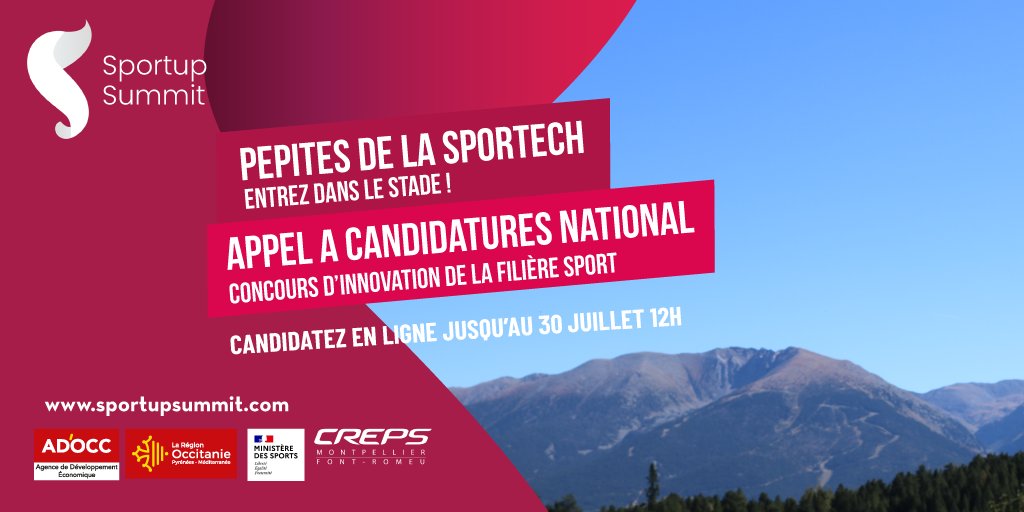 Appel à candidatures 📣
Participez à la 5ème édition du <a href="/SportupSummit/">Sportup Summit</a>, le concours de créativité &amp; d'#innovation pour les startups de la filière #sport &amp; #tourisme

48h de challenge pour booster votre projet !

⏳Jusqu'au 30 juillet

✍️️Inscrivez vous : sportupsummit.com/participezausp…