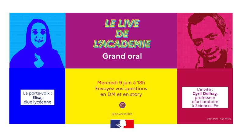 acversailles's tweet photo. #lelivedelacademie
#GrandOral

Lycéens et lycéennes ont rdv le 9 juin à 18h ! 🗓
Elisa, élue lycéenne, posera les questions des élèves à Cyril Delhay, professeur d’art oratoire à Sciences Po. 

Posez vos questions sur Instagram 👉https://t.co/hL8TUWGa21

@education_gouv https://t.co/3jdkOoejuL