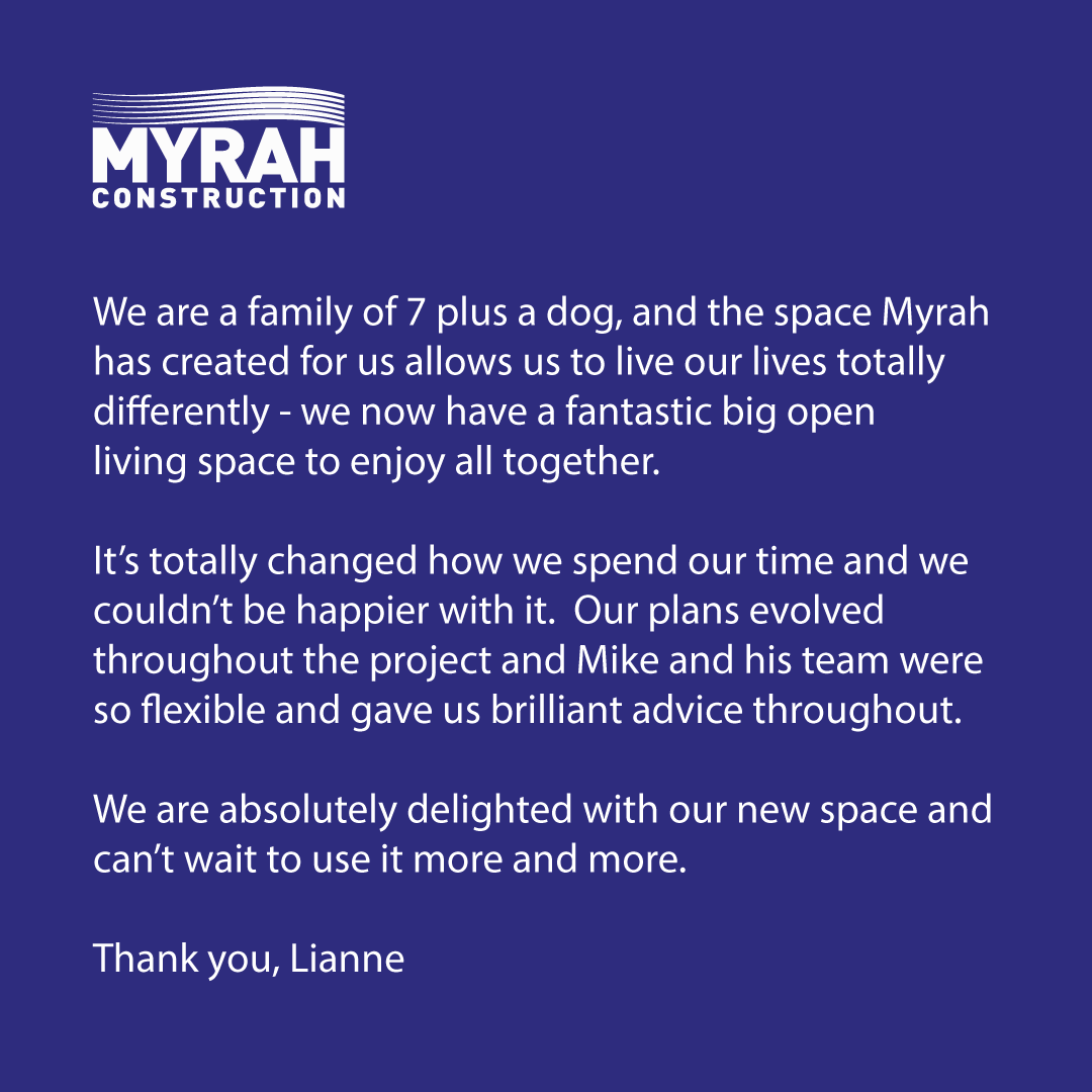 MyrahConstruct's tweet image. TESTIMONIAL
Single Storey Extension

We are delighted to have received such a glowing testimonial for the extension that we built for Lianne and her family.

If you want to transform your house, call us on 0117 2872533 for a no obligation consultation.