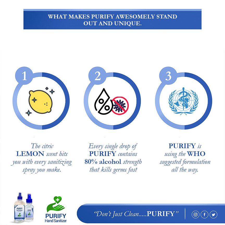 PurifyNigeria's tweet photo. Ever wondered what makes Purify stand out from regular sanitizers out there?
Stay Purified. 💙
.
.
.
#purifynigeria #clean #brandnew #homecare #fashion #sanitizers  #art #beautiful #love #cleaning #shop #health #onlineshopping #instagood #clean9 #konga #design #500ml #newlook https://t.co/m1yNqohyRD