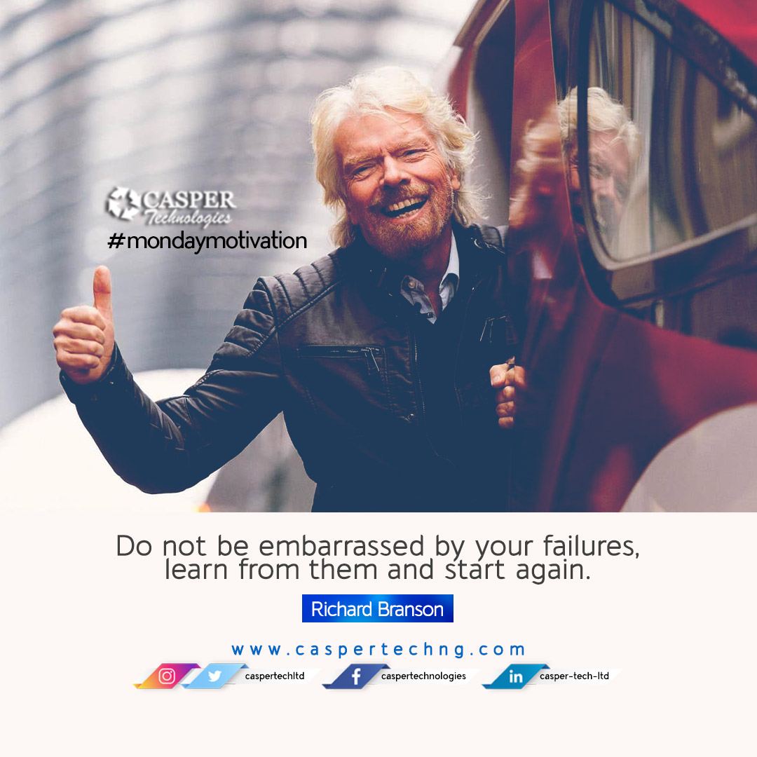 caspertechltd's tweet photo. #mondaymotivation...
Do not be embarrassed by your failures, learn from them and start again. β Richard Branson
So rather than getting embarrassed by failures and giving up, learn from the mistakes and start new.
#yesyoucan!
#caspertech #productivity #newweek #success #growth https://t.co/wXwQcZw3ZW