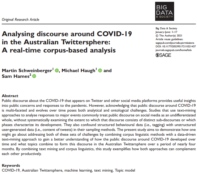 BigDataSoc's tweet photo. New paper🚨 Analysing discourse around COVID-19 in the Australian Twittersphere: A real-time corpus-based analysis by Martin Schweinberger, Michael Haugh &amp; Sam Hames. Read more here: https://t.co/sZ9tVdPWhp #coronavirus #machinelearning #textmining #topicmodel https://t.co/AlLTSG9Rzq
