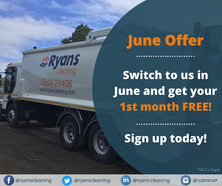 RyansCleaning's tweet photo. 💥 JUNE OFFER 💥

Switch to us  for your waste management services in June &amp; you will get your FIRST MONTH FREE! Yes you read that right folks, get FIRST MONTH FREE when you switch in June, now that’s a DEAL!

Contact us today ⬇️

☎️ 0504-24406
📧 info@ryanscleaning.ie

#rcwr https://t.co/OlD284QlLW