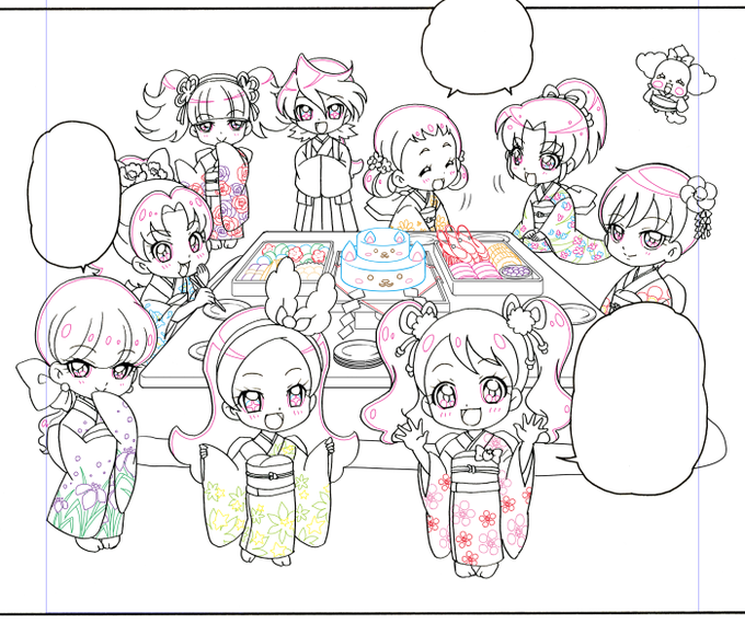 ものすごく季節外れですが…「キラキラ☆プリキュアアラモード」のビブリーとリオがおめかししてるコマを発掘したので✨ 「スマイルプリキュア!」のなおちゃんもいます。まんがえほんは毎回みんなでワチャワチャしていて、大変ですが楽しかったです😊 