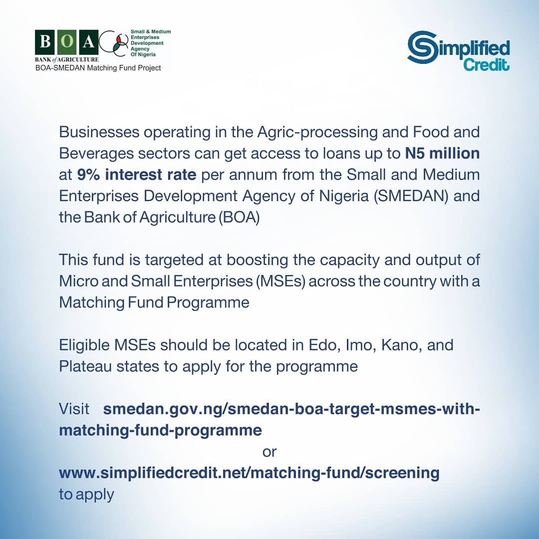 SimpCreditng's tweet photo. Are you an entrepreneur or do you have an innovative idea but lack access to funding? 
Entrepreneurs operating in the Agricultural sector, manufacturing sector, amongst others, can access ₦10M at 5% per annum from the Agric, Small and medium enterprise scheme (AGSMEIS)@NirsalMFB https://t.co/UxD0S11hYb