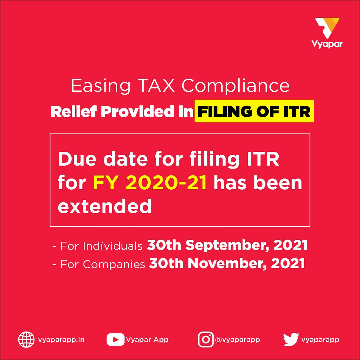 VyaparApp's tweet photo. Relief in ITR filing 🤩
#updates #ITR #NewPortal #incometaxreturn #GST #tax #itrupdates #newsupdate #incometaxindia #duedate #income #incometax #taxcollection #taxfiling #itrfiling #duedatetoday #duedatemonth #duedates https://t.co/aTR8wtXxNP