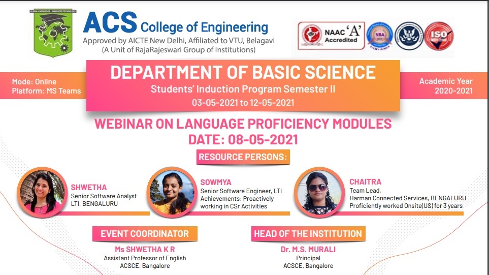 acscebangalore's tweet image. ACS College of Engineering, #Bangalore. Department of #Basic_Science is going to conduct Students induction program semister 2. 
Webinar on "Language Proficiency Modules" on 08-05-2021
You all are cordially welcome