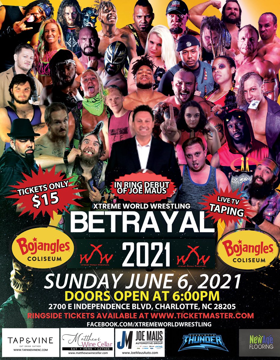 XwwOfficial's tweet photo. Who's ready for the last show of 2021 at @TheBOplex in Charlotte, NC this #Sunday June 6, 2021
Doors open at 6PM!
#tickets available at https://t.co/VFpHaqoWFB start at just $15!
Come see the in ring debut of Joe Maus!
#Innovation Required! #Violence Expected! https://t.co/NCr3SjhHNe
