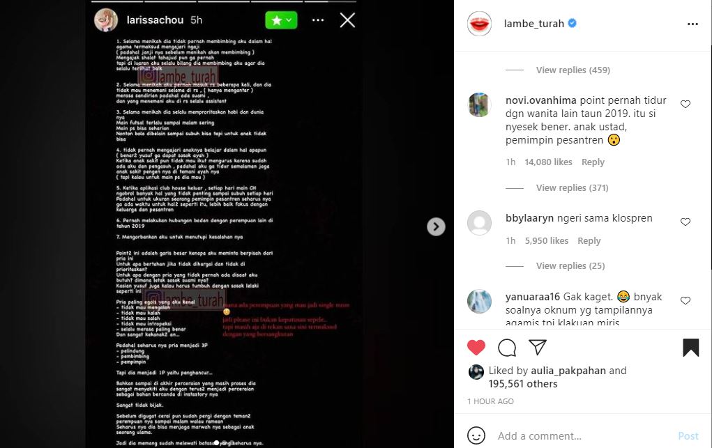 Unggahan Larissa Chou ungkap tujuh poin alasannya mengugat cerai Alvin Faiz.
Awalnya, Larissa Chou mengunggah tulisan tersebut melalui fitur closefriends hingga akhirnya tersebar luas di media sosial.