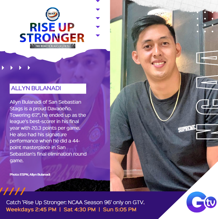 Get to know San Sebastian Stags' excellent player, Allyn Bulanadi! (<a href="/ABulanadi5/">Allyn Bulanadi</a>) 🏀

For more NCAA trivia, follow <a href="/NCAAPhilippines/">NCAA Philippines</a> and catch Rise Up Stronger: #RoadToNCAASeason96 everyday on GTV!

Weekdays | 2:45 PM
Saturdays | 4:30 PM
Sundays | 5:05 PM