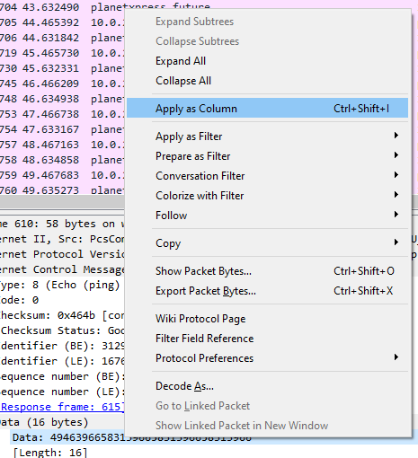 SickPeaSec's tweet photo. @ayleph @LayerOneCTF @layer_one @kur3us I need to finally make a site some day to put my stuff there. But! The way I would do this is to query for icmp, adding the "Data" as a column, and export to a CSV from File -> Export Packet Dissections
Then: cat file.csv | cut -d',' -f14 | sed -n '1!p' | xxd -p -r | base64 -d https://t.co/mP1Gvz0z4F