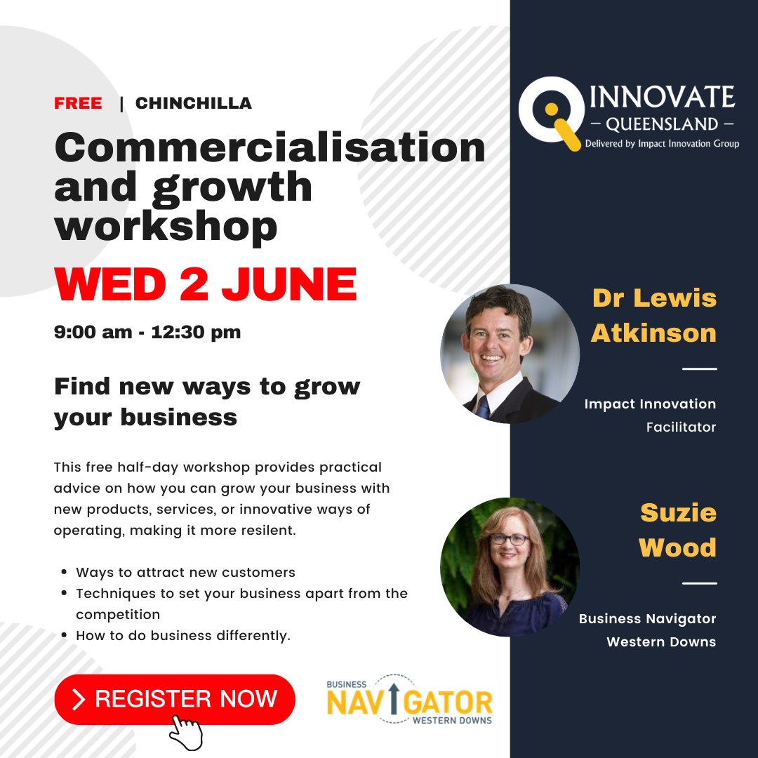 We're looking forward to visiting Chinchilla to present our highly-rated, Commercialisation &amp; Growth workshop! If you are interested in joining us on Wednesday, please registering here: …hinchilla-june-2021.eventbrite.com.au