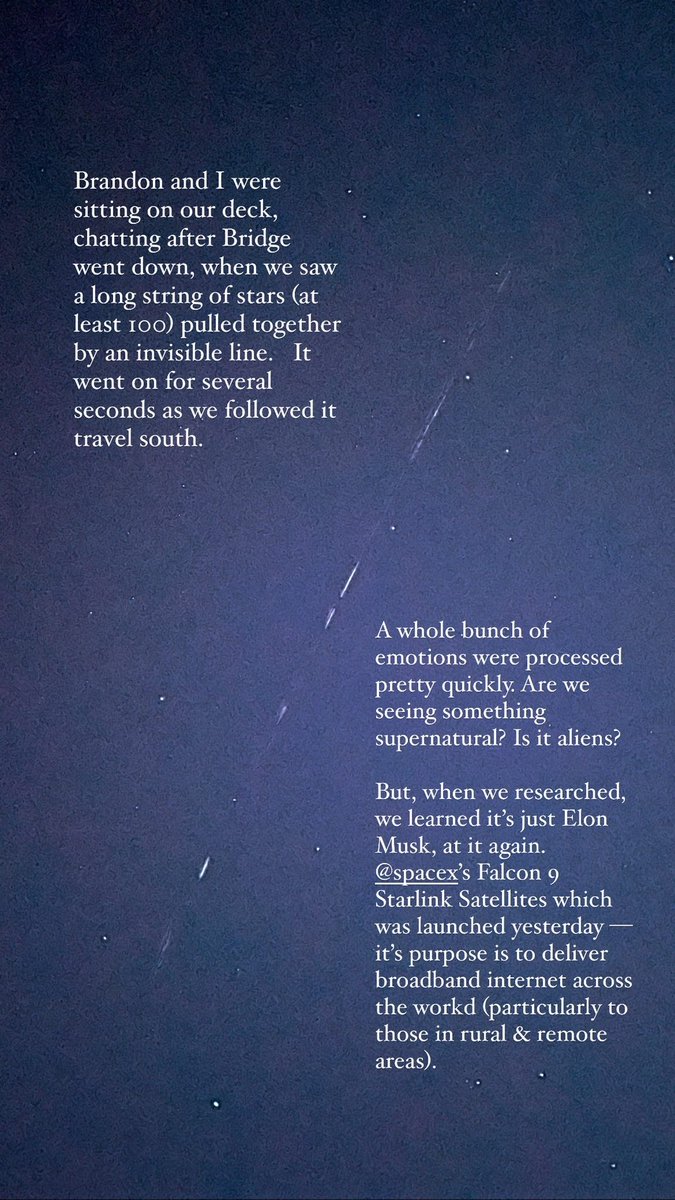 Tarattee's tweet photo. @SpaceX @elonmusk  WOW.   I’m left speechless.   And, glad to learn it was just SpaceX.   Truly a relief. https://t.co/tCLCYLtcxb