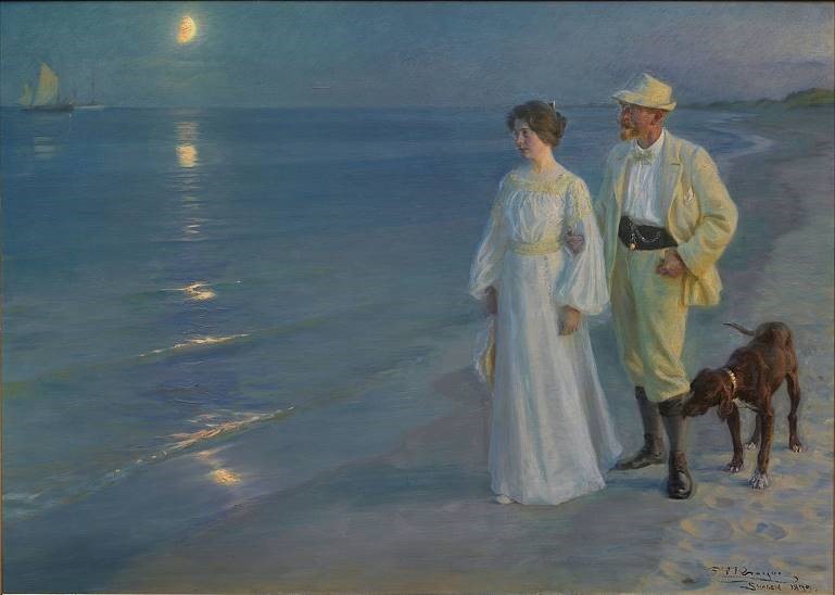 In this intriguing double portrait, Danish artist Peder Severin Krøyer depicts his artist wife Marie ~ reputed to be one of the most beautiful women in Copenhagen ~ and she depicts him. They also both appear, with dog, in Peder’s Summer Evening at Skagen Beach (1899)
