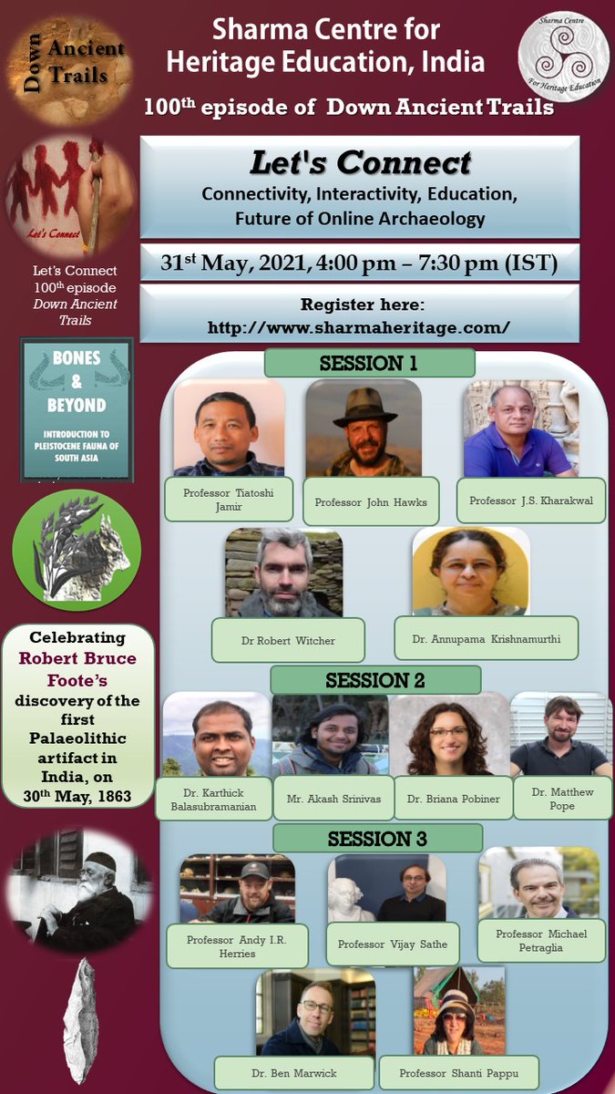sharmaheritage's tweet photo. #Downancienttrails 4.00-7.30 pm, 31 May (IST): Celebrating our 100th episode &amp; the discovery of the first Palaeolithic tool in India, 30th May, 1863:#RBFoote, #Indianprehistory
https://t.co/av4BJCnlq8 
YouTube: https://t.co/OP2Ma5xbbs
@archparomita @prachinjo @sutonukaBhatta1 https://t.co/Qt0bhznKxl