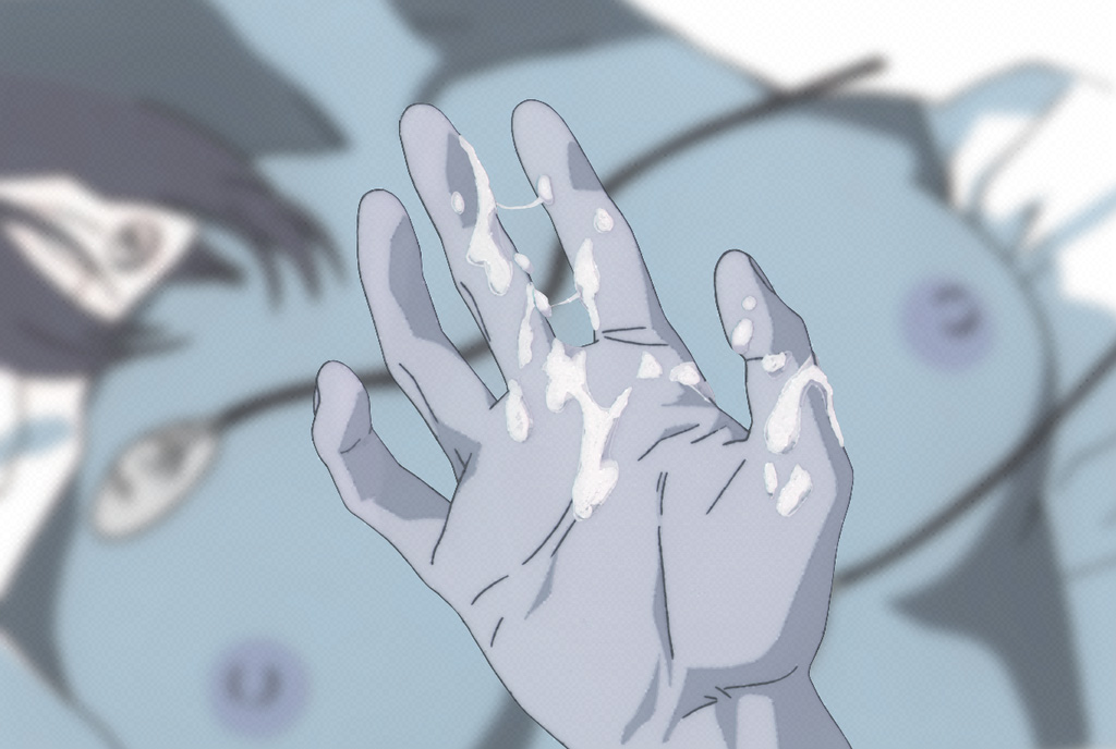 Rei's hand has a similar pose as Shinji's jizz-covered hand. 