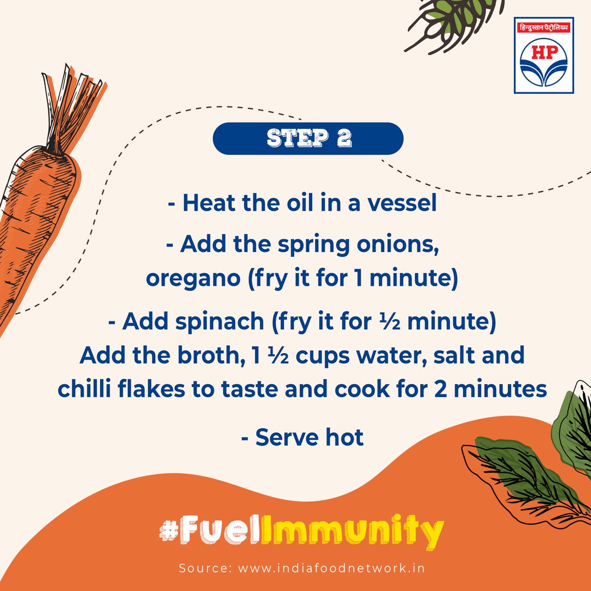 HPCL's tweet photo. #FuelImmunity with carrot and spinach soup. 
Make this quick, healthy and super delicious soup and load up on vitamins, minerals to boost your metabolism. 
#HealthyRecipe https://t.co/StjOC4ksMz