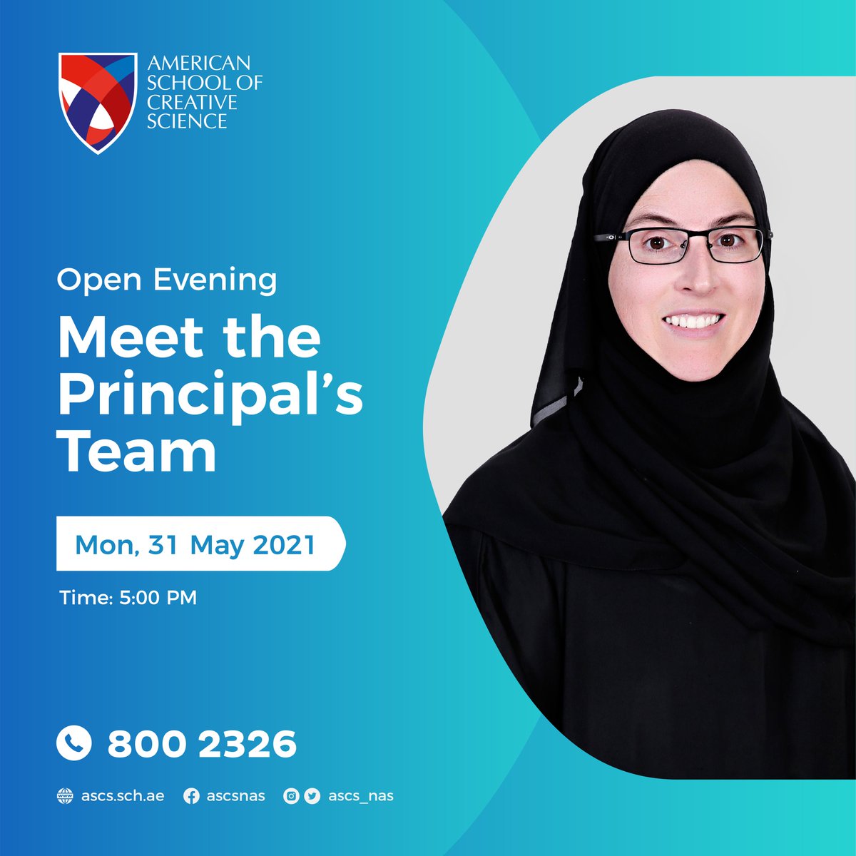 ascs_nas's tweet photo. American School of Creative Science Nad Al Sheba cordially invites you to our virtual event, Meet the Principal’s Team, with the school’s Senior Leadership Team.
To register, or for more details, please call 8002326 or follow the link below:
https://t.co/kf6FNKBXQQ 

#ascs_nas https://t.co/7d2xRr1sxF