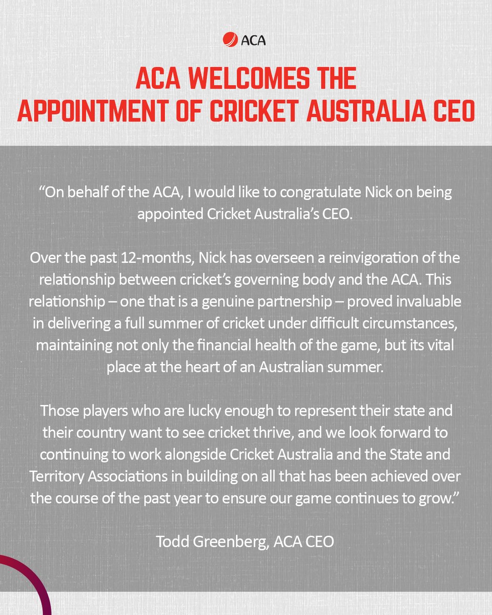 ACA_Players's tweet photo. From the the CEO ✍️

The ACA welcomes the appointment of Nick Hockley as @CricketAus CEO. https://t.co/8Futi7xQEU