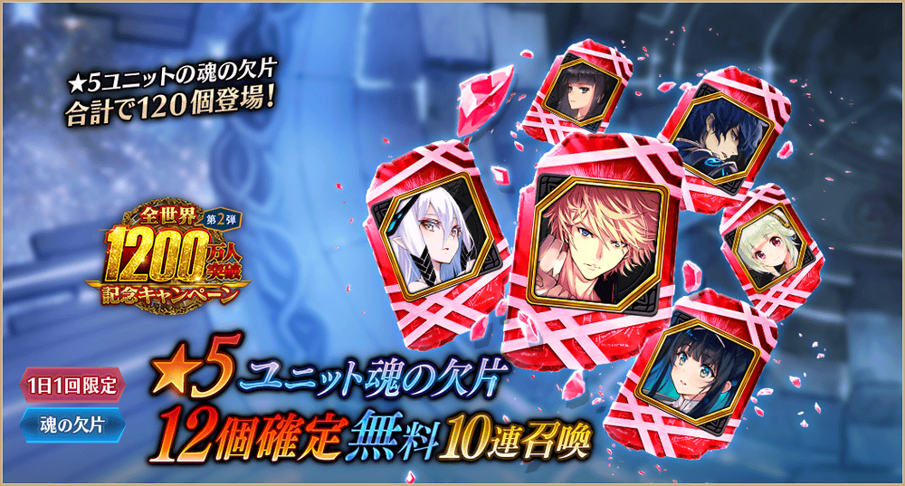 公式 誰ガ為のアルケミスト タガタメ على تويتر キャンペーン 6 1 火 0時頃より 全世界10万人突破記念キャンペーン第2弾を開催 5ユニット魂の欠片12個確定の無料10連召喚や記念クエスト第2弾が登場 ファンキルコラボ記念チャレンジミッションも 詳細は