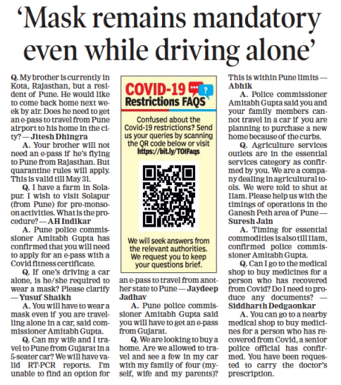 TOIPune's tweet photo. Confused about the Covid-19 restrictions? Read the answers to top queries everyday in The Times of India newspaper. To send us your questions, visit- https://t.co/qp5FA8ABGx
#RestrictionFAQs #CovidFAQs #ShotOfHope https://t.co/j8Rg5RbysS