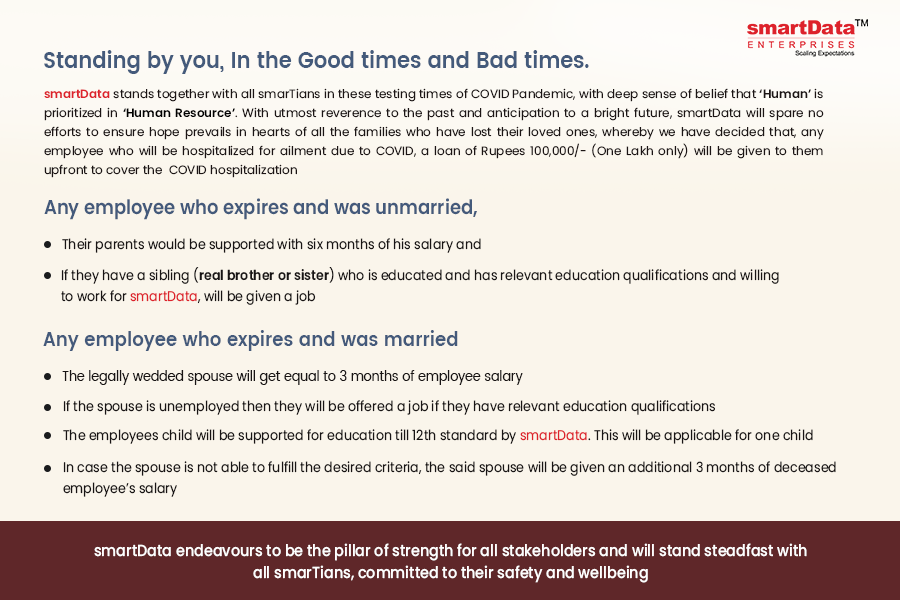 tavarejay's tweet photo. COVID has disrupted life with unfortunate events amongst our near and dear ones. Amidst this despair smartData humbly announces a COVID Relief scheme as a small gesture of gratitude &amp; respect towards all smarTians who r/were unfortunately affected #sharingcaring @smartDataIncLtd https://t.co/wh5xz4wK15