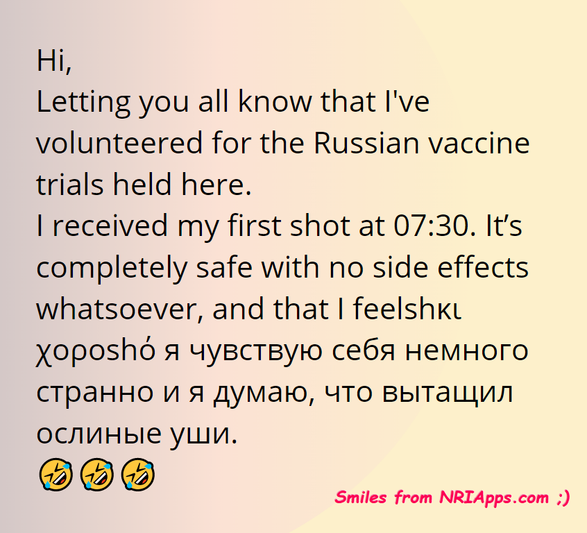 coolindianapps's tweet photo. Letting you all know that I've volunteered for russian vaccine trial and its completely safe and this is what i am feeling..🤣🤪
Smiles from #NRIForShaadi - Find Perfect Match #Nriapps #nrifriends #app
#funny #funnyjokes #funnymemes #indianjokes https://t.co/Eq0RkTE4qN