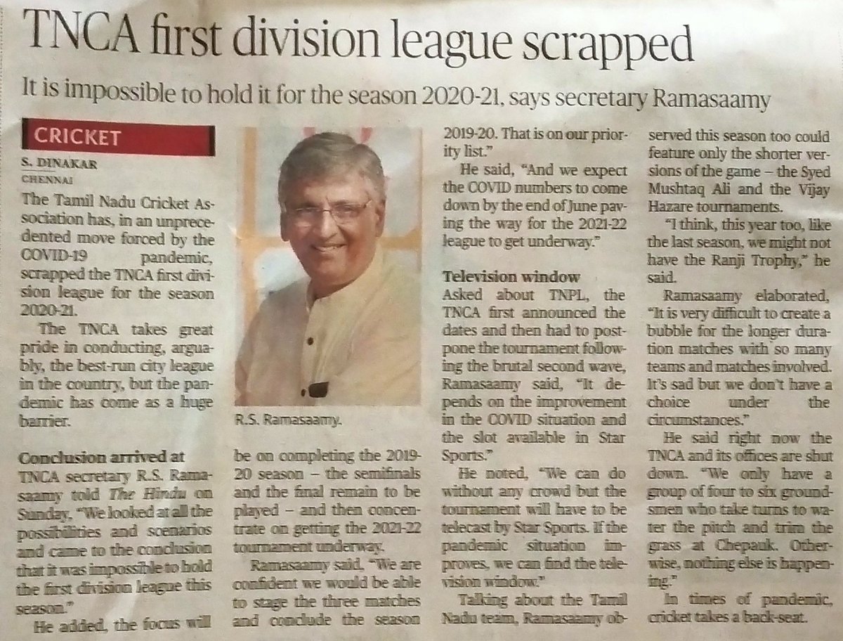 tn_cricket's tweet photo. TNCA first division league scrapped for 2021. #tnpl doubtful. https://t.co/s1ZDWuQ70v