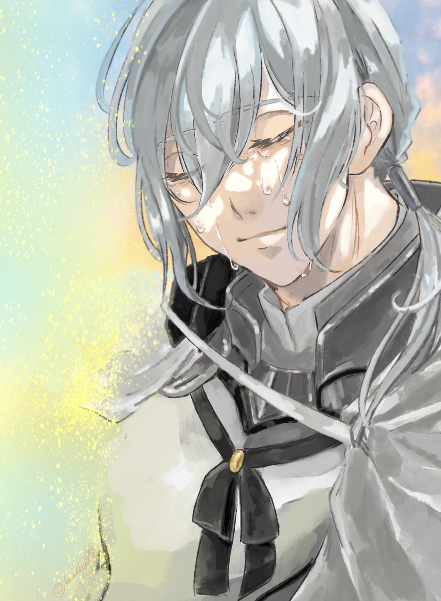 1boy male focus closed eyes solo grey hair cape long hair  illustration images