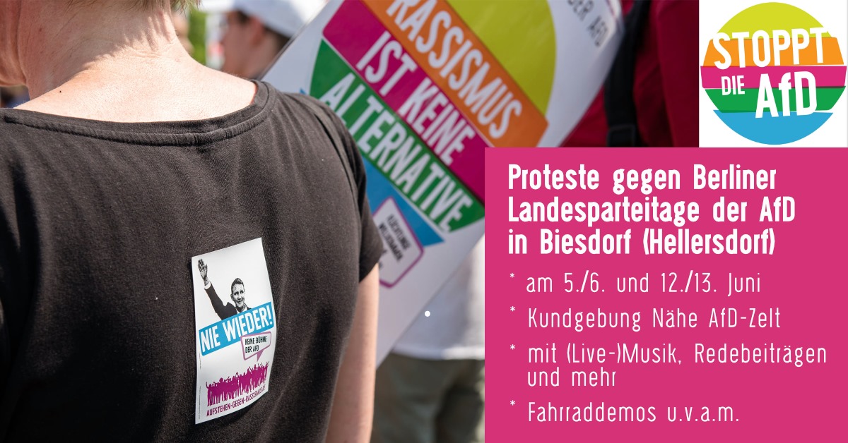 Gemeinsam gegen die Landesparteitage der Berliner AfD

Weiterlesen: facebook.com/events/2275280…