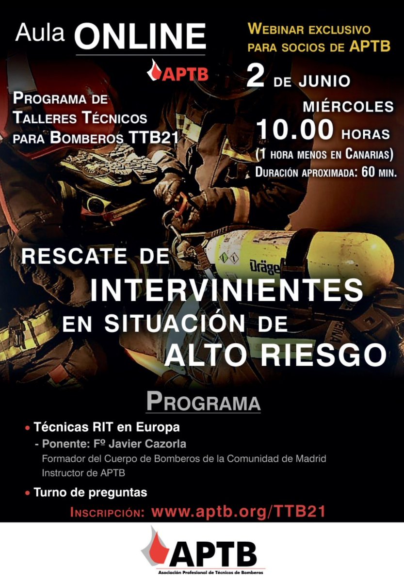 APTBBomberos's tweet photo. Tenemos nuevo programa de #Formación: Talleres Técnicos para #Bomberos #TTB21. El miércoles 2, primera sesión. Es una actividad para socios de #APTB y para Servicios de Bomberos. Para información y darse de alta, contacta con nosotros a través de https://t.co/c44XtuBDJZ https://t.co/8SfeptrGE2