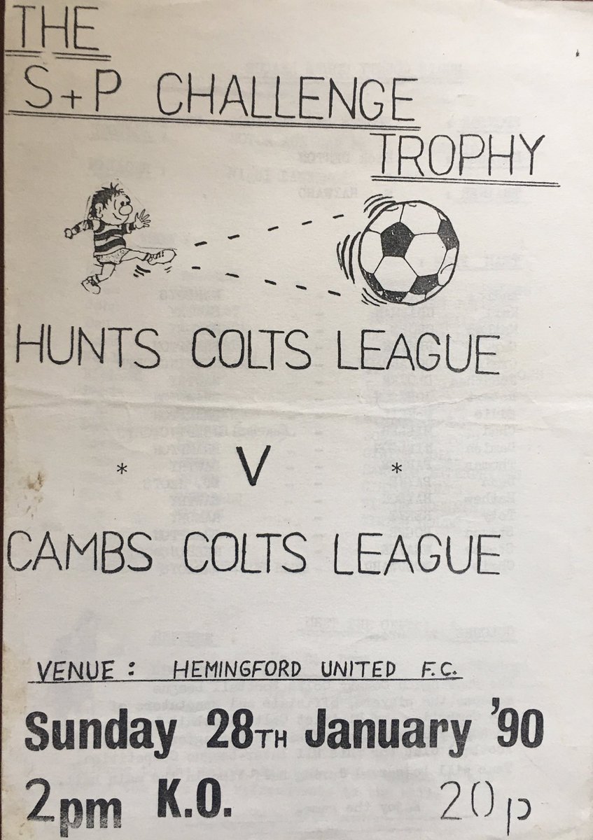 realfootiedad's tweet photo. Going to delve  into my football programmes as &amp; when. Let’s start with a local game played at @HemUtdFC in 1990. Hunts Colts League v Cambs Colts League. Recognise any names or clubs ? @BenLawrence79  ? Please RT &amp; share @CambsLeague #footballhistory https://t.co/omuc1EfnCe
