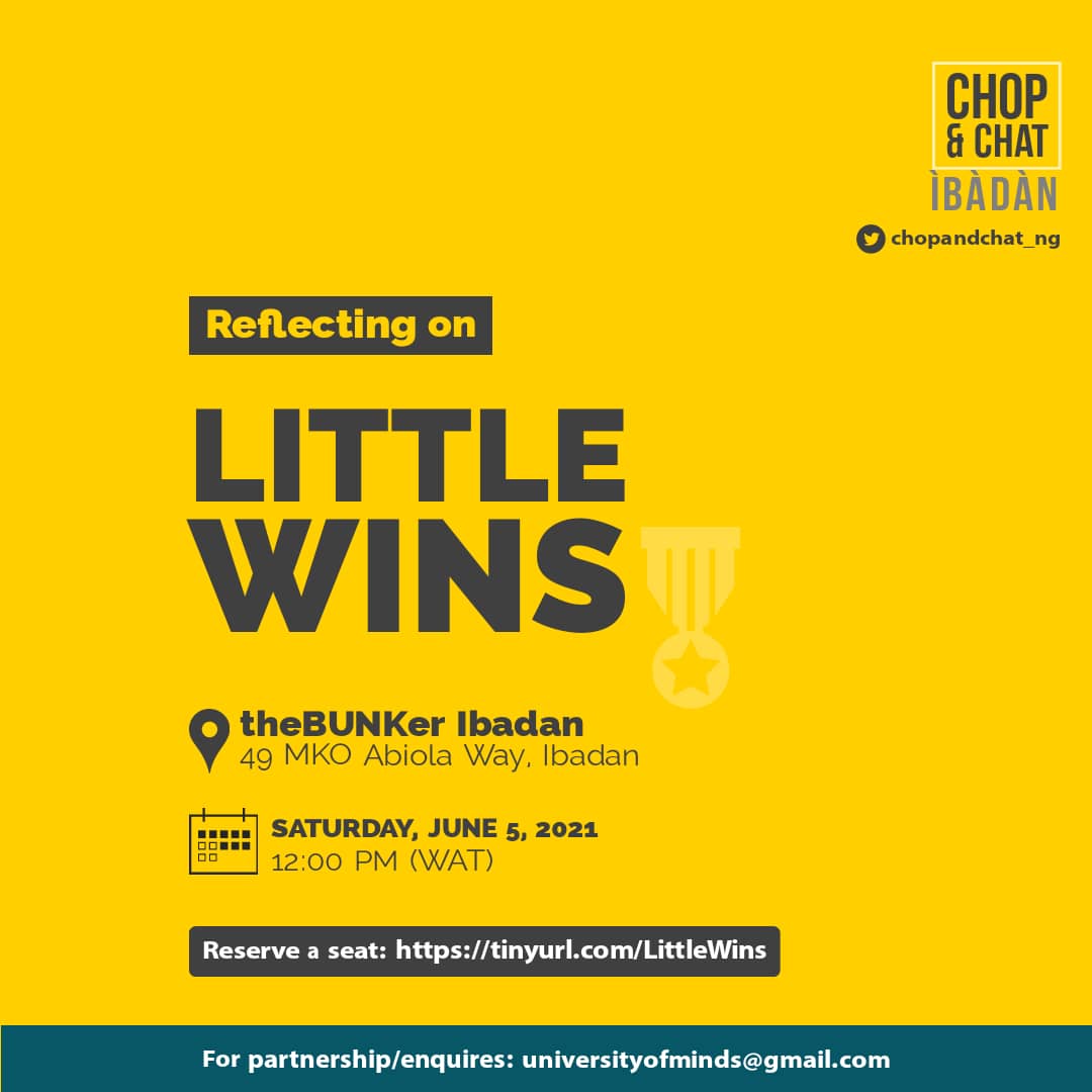 We are opening our rooms at Ibadan this weekend.

Register here: tinyurl.com/LittleWins

Tag a friend at Ibadan to attend.