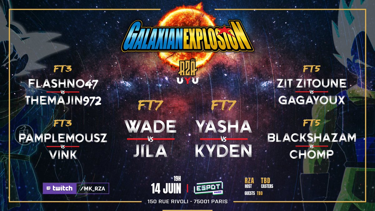 ⚠️OFFLINE IS BACK⚠️

Voici la carte des matchs pour le Galaxian Explosion: Espot Paris Edition qui aura lieu le 14 Juin à 15H 🔥🔥

Inscription spectateur ouverte, 50 places disponibles -->
bit.ly/2R81AEL

Annonces des casteurs &amp; Guests à venir 👀🙏🏿