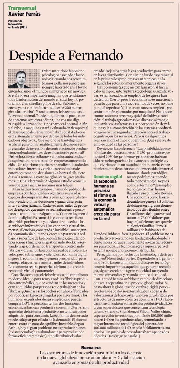 La #economía real se precariza al ritmo que crece la #economíadigital.
El problema no es producir bienes sino distribuir el valor creado.
Dejemos atrás la era productiva y entremos en la distributiva. 

by <a href="/XavierFerras/">Xavier Ferràs</a> cc <a href="/sintetia/">Sintetia</a>
#innovación #transformacióndigital #recomendar