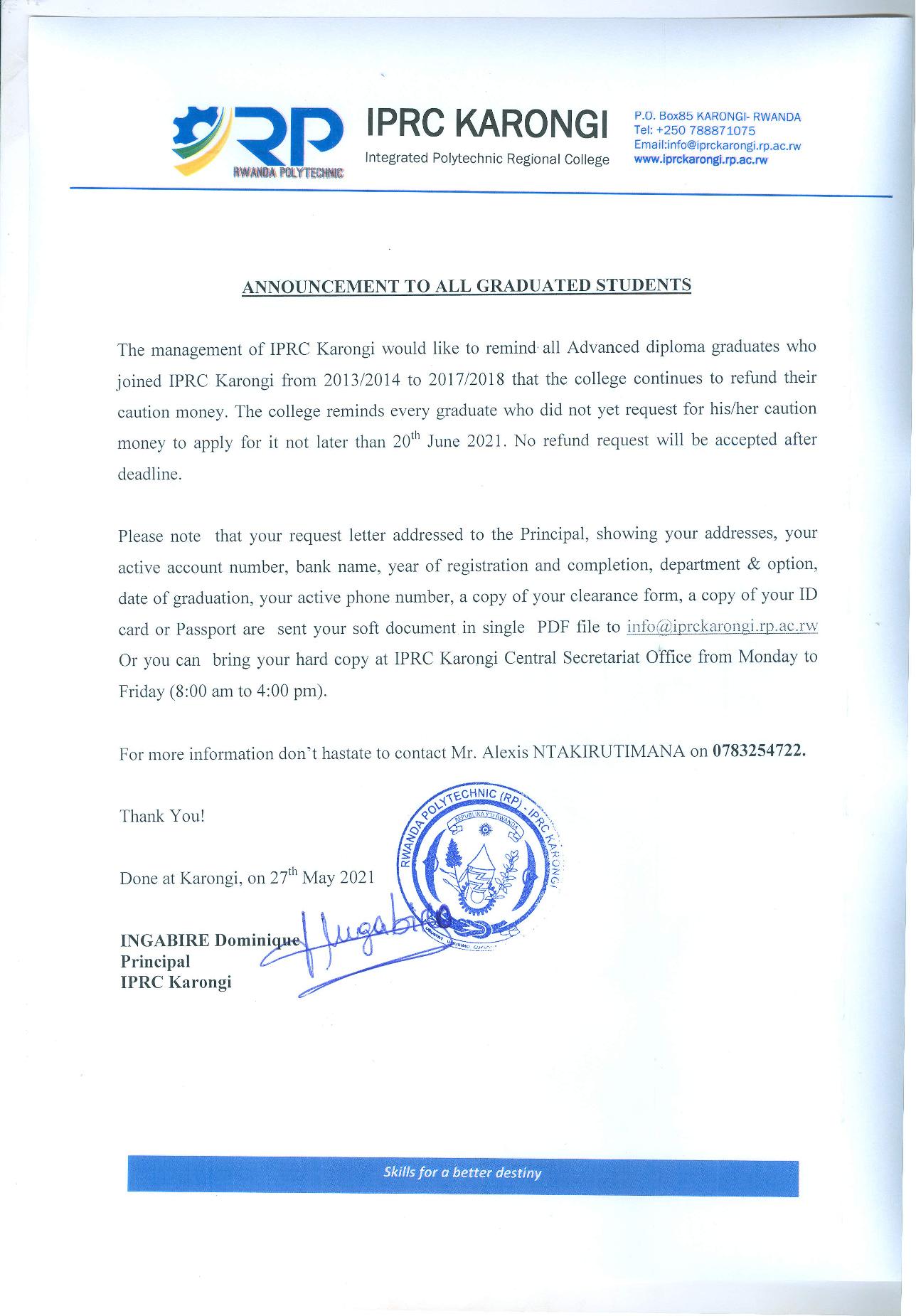 RP-IPRC Musanze on X: To our graduates who completed their studies from  2019-2021: We're still refunding the caution money, you can apply for  refund if you have not applied yet.  /