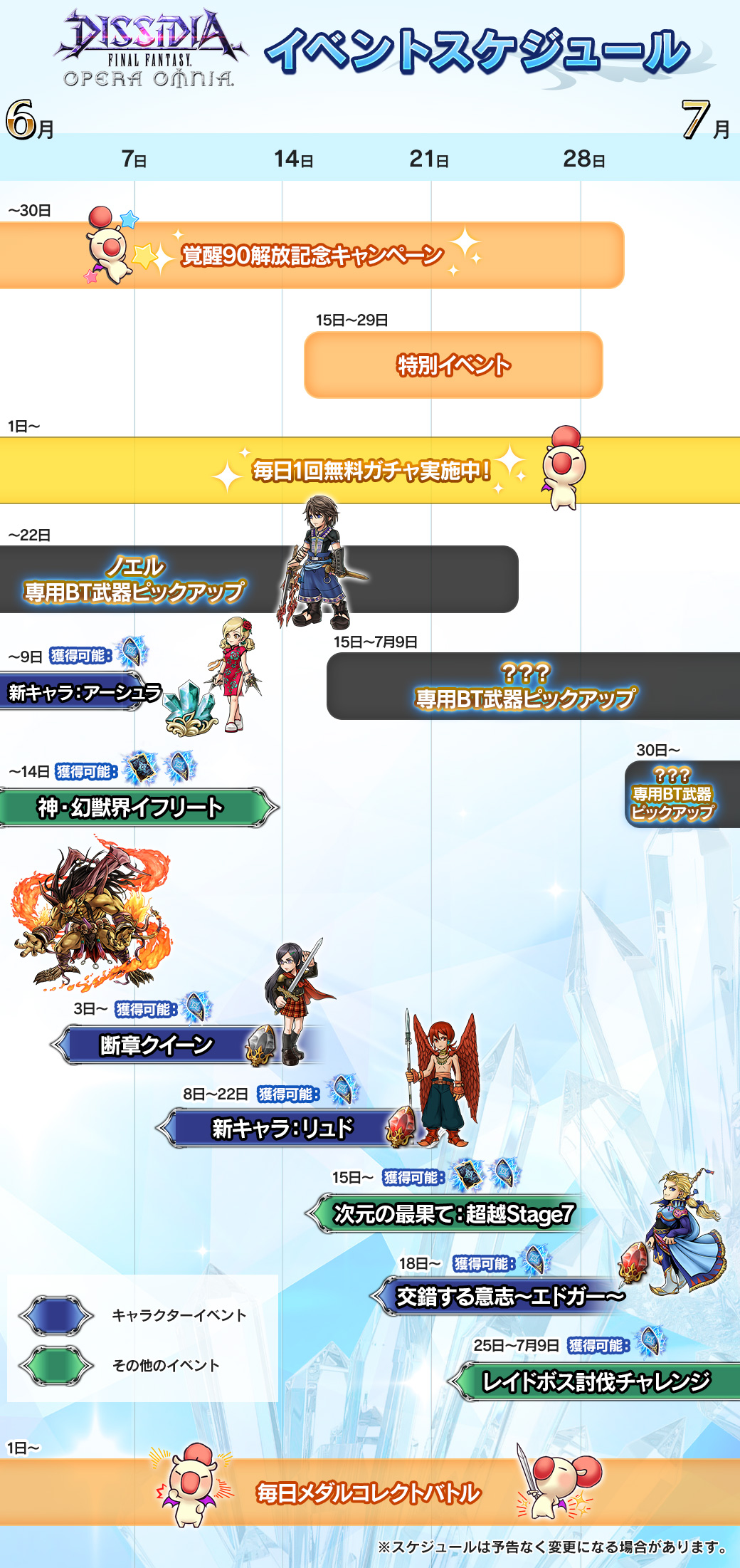 Dffオペラオムニア公式 ６月のイベントスケジュールをご紹介 覚醒90解放記念キャンペーンが開催中 ８日には新キャラ リュド が 18日には 交錯する意志 エドガー が登場予定です Dff Oo T Co Fzmzvsp8dk Twitter