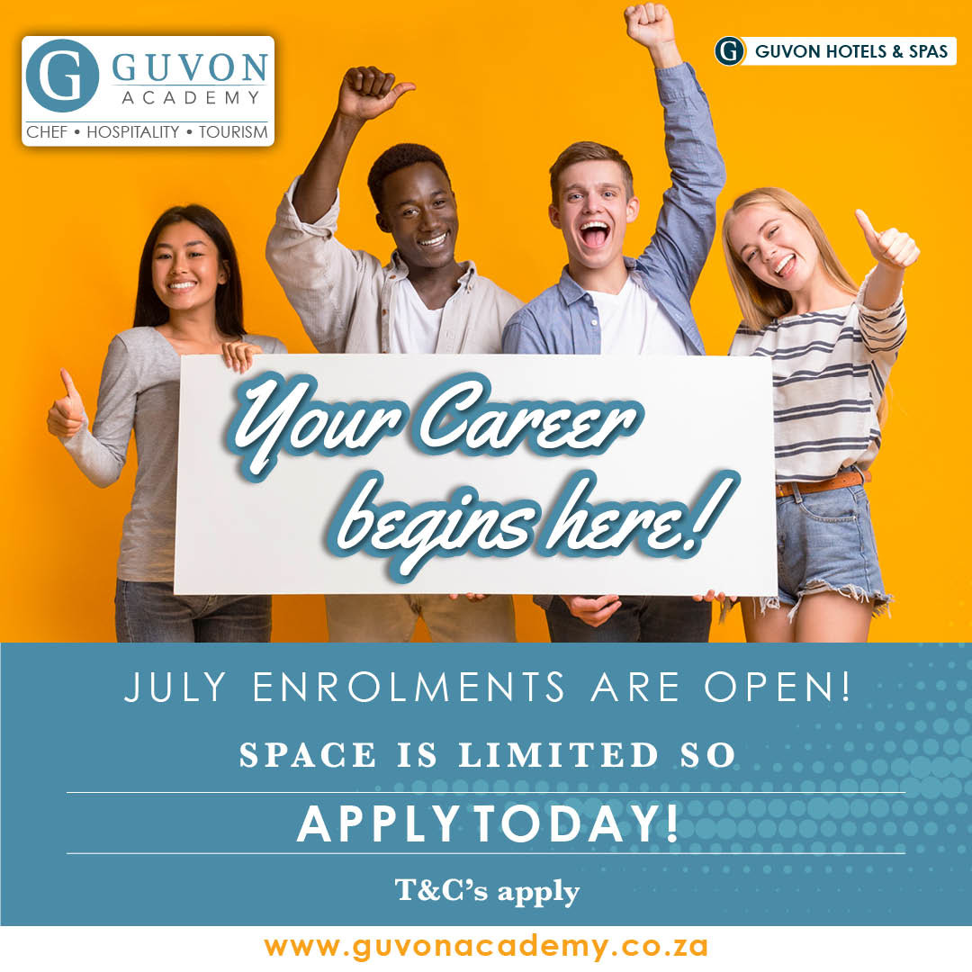 You now have only a month left to start your career in #Hospitality, #Chef or #Tourism from July 2021.

APPLY NOW FOR JULY INTAKE NOW:
guvonacademy.co.za

#GuvonAcademy #JulyIntake #HotelSchool #ChefSchool #CulinarySchool #TourismStudies
