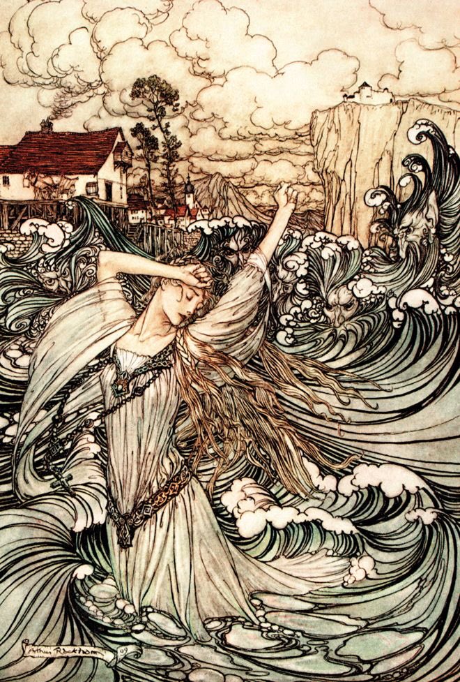 ElsaMc1878's tweet photo. #MythologyMonday #Undines are water spirits first categorised by the alchemist Paracelsus and inspiring Friedrich de la Motte Fouqué’s Undine, written in 1811, it tells of one such water spirit who marries the knight, Huldebrand in order to gain a soul. #mermay 
🎨Arthur Rackham https://t.co/JH4dKHhxj9
