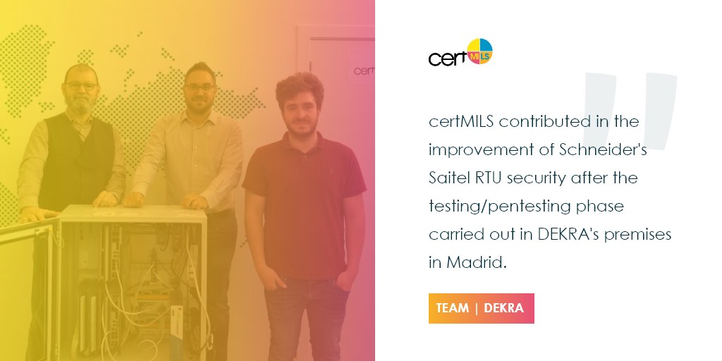 certmils_h2020's tweet photo. In order to present the work done within the #certMILS project, we asked our partners to summarize the main results achieved in the past months. This week we give the floor to @DEKRA_Test_Cert who closely collaborated with @SchneiderElec Spain.
#security #testing #H2020 https://t.co/GHc3nOQtgu