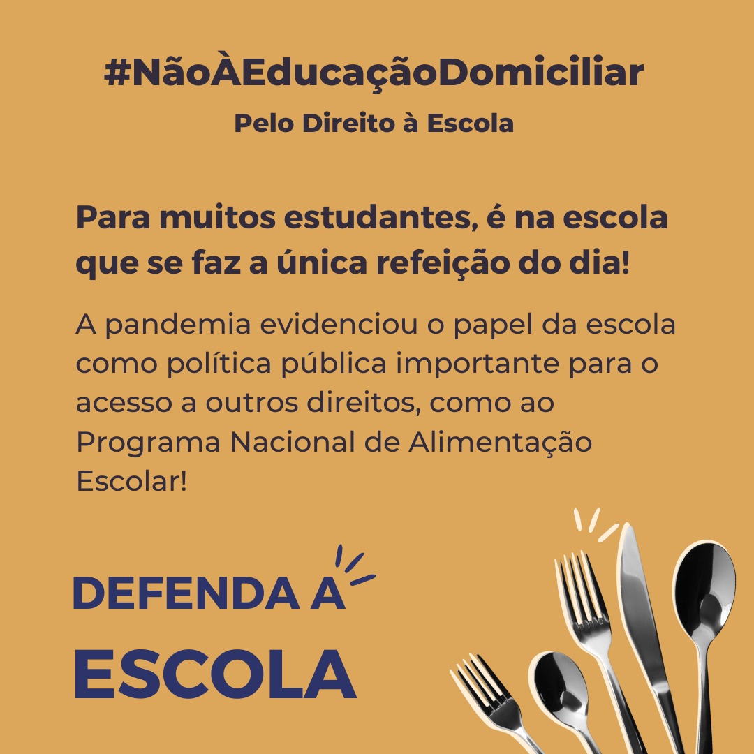 Defenda uma escola de turno integral, onde crianças e jovens fazem cinco refeições ao dia, em ambiente educativo. Não se deixe enganar pela ideia de educação doméstica, que vai na verdade desviar fundos e atenção da educação pública. #NaoAEducacaoDomiciliar