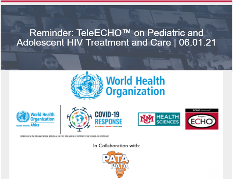 Reminder: TeleECHO™ on Pediatric and Adolescent HIV Treatment &amp; Care happening tomorrow 1 June 2021, 13.00-15.00hrs CET. Don't miss this session titled 'Monitoring of #HIV Services for Children and Adolescents'. Register now: echo.zoom.us/webinar/regist…