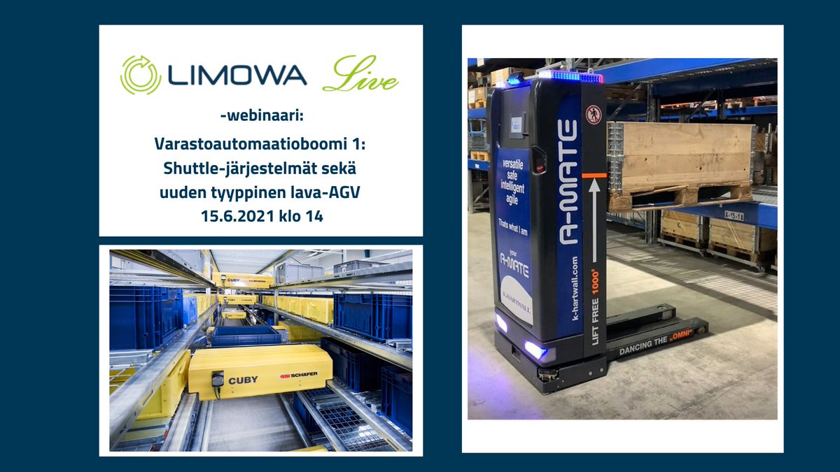Tule webinaarisarjan "Varastoautomaatioboomi" 1. osaan 15.6.2021: Shuttle-järjestelmät sekä uusi lava-AGV, klo 14-15. Lisätiedot ja ilmoittautuminen: bit.ly/3ux3AUt

Puhumassa:
-Lauri Impiö, @ssischaefer_gp
-Ville Hintsala, <a href="/KHartwall/">K. Hartwall</a>