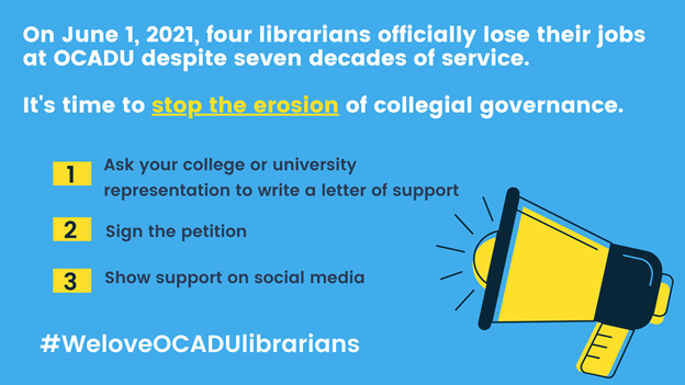 There are three calls to action you can take today. Tell your faculty association to write a letter of support on behalf of OCADU librarians. 

Sign the petition and post on social media: thepetitionsite.com/172/609/882/we… (2/4)