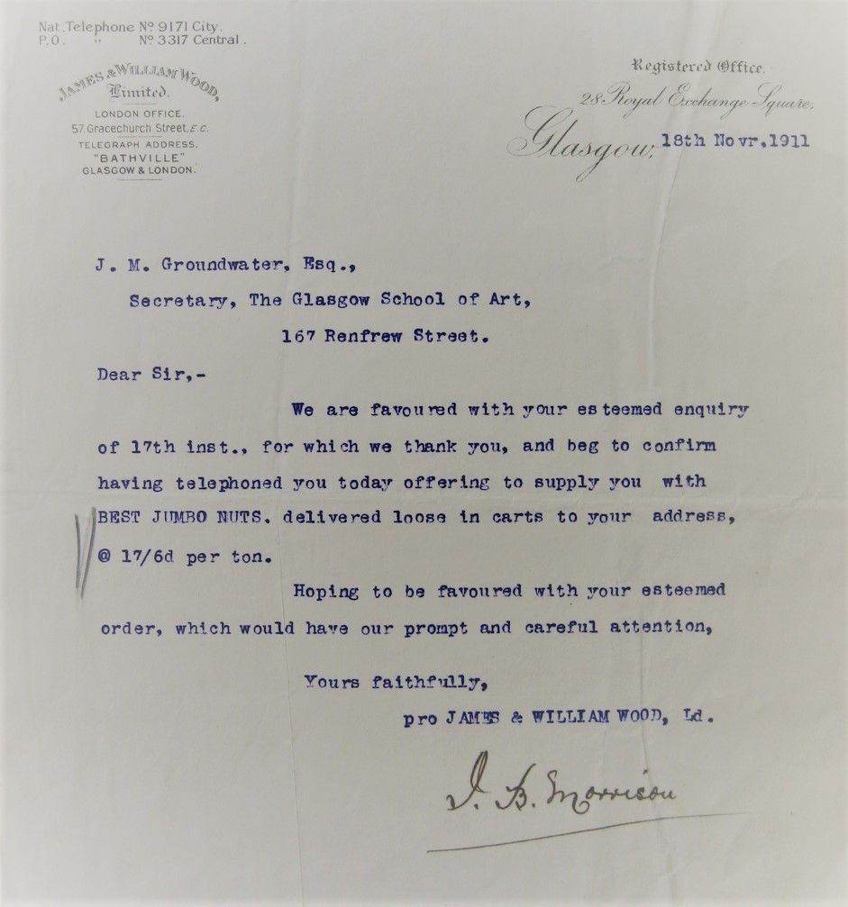 GSAArchives's tweet photo. Our Secretary and Treasurer papers from "The Records of The Glasgow School of Art" can certainly be full of interesting letters! This one gets us every time - an offer to deliver BEST JUMBO NUTS to the School for the very reasonable price of 17/6d per ton! #CollectionOfTheMonth https://t.co/xuLA0x8Qbs