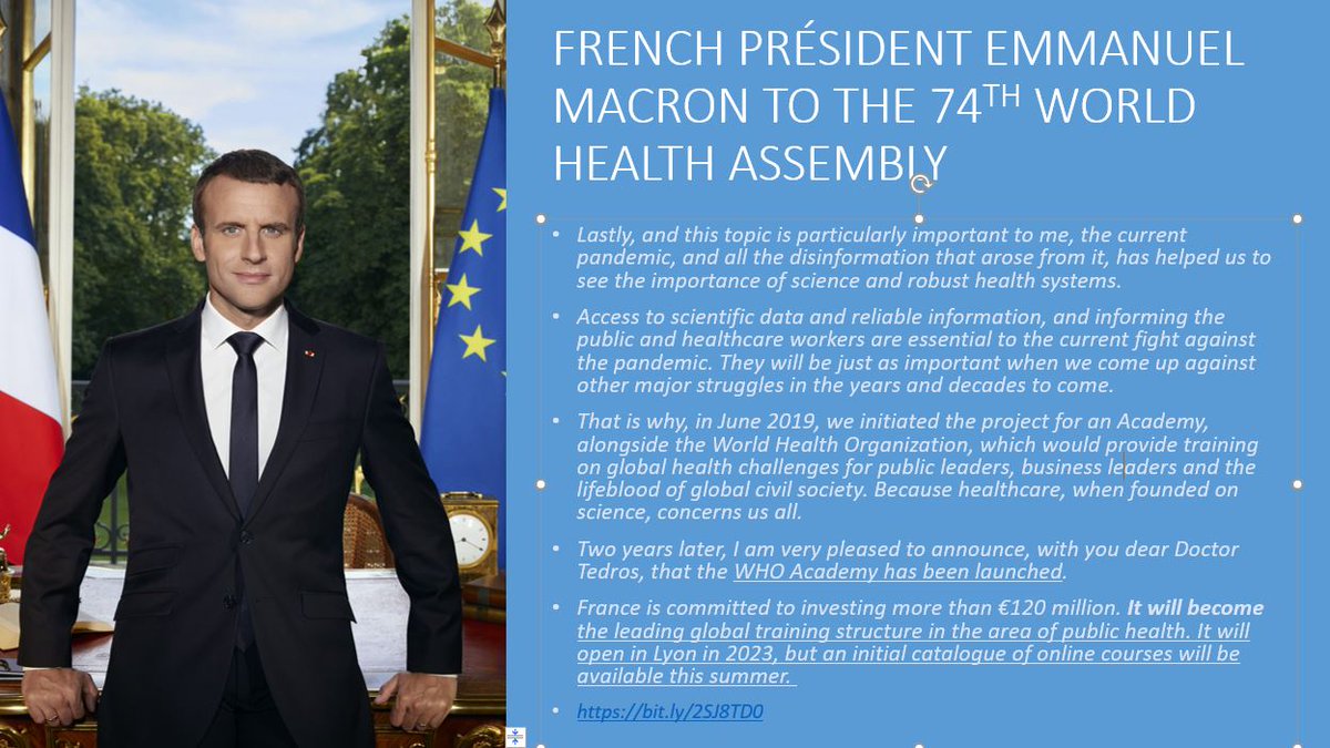 Jim Campbell (@jimc_hrh) on Twitter photo #WHA74: A reminder of the remarks on 24 May from 🇫🇷 President <a href="/EmmanuelMacron/">Emmanuel Macron</a> that:
"the #WHOAcademy will become the leading global training structure in the area of public health".
🙏🙏 to the teams in <a href="/WHO/">World Health Organization (WHO)</a>, France & Susan Thompson Buffett Foundation making this happen. #WHA74: A reminder of the remarks on 24 May from 🇫🇷 President <a href="/EmmanuelMacron/">Emmanuel Macron</a> that:
"the #WHOAcademy will become the leading global training structure in the area of public health".
🙏🙏 to the teams in <a href="/WHO/">World Health Organization (WHO)</a>, France & Susan Thompson Buffett Foundation making this happen.